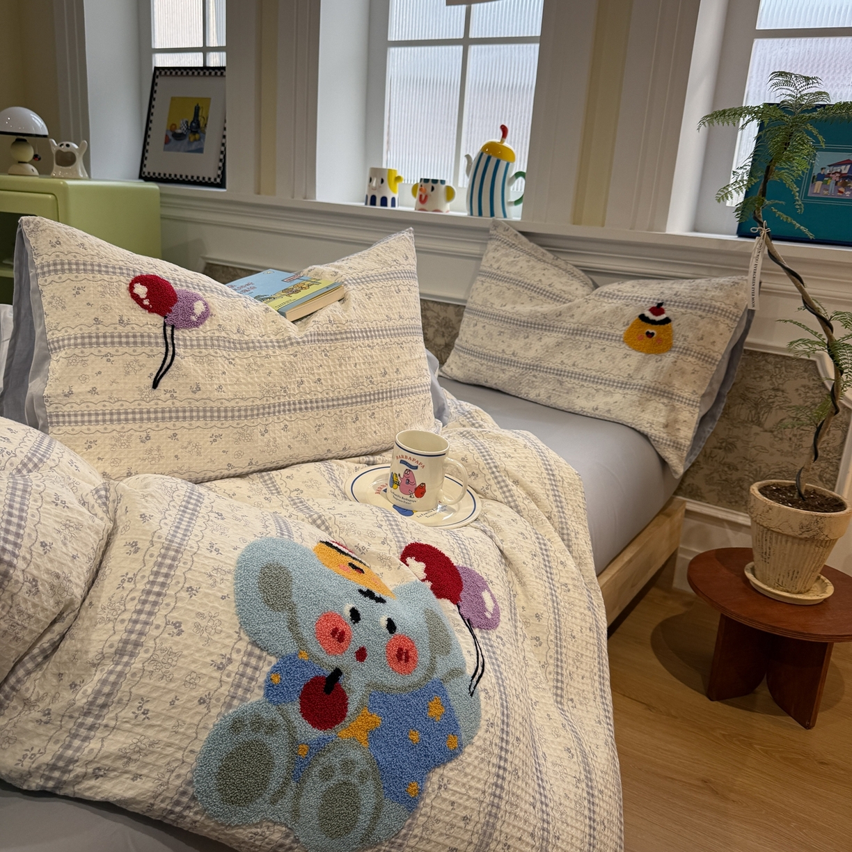 91家纺网 家纺一手货源 找家纺 珺柔家纺 2026新款卡通华夫格毛巾绣四件套 布丁象