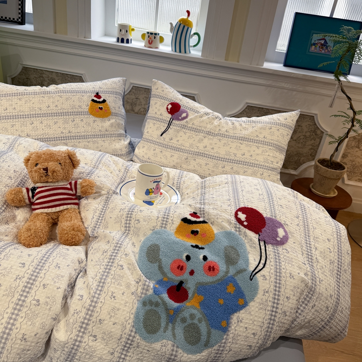 91家纺网 家纺一手货源 找家纺 珺柔家纺 2026新款卡通华夫格毛巾绣四件套 布丁象