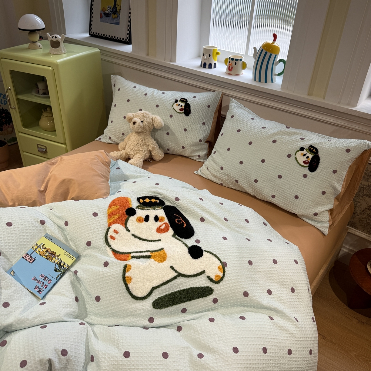 91家纺网 家纺一手货源 找家纺 珺柔家纺 2026新款卡通华夫格毛巾绣四件套 下午茶小狗