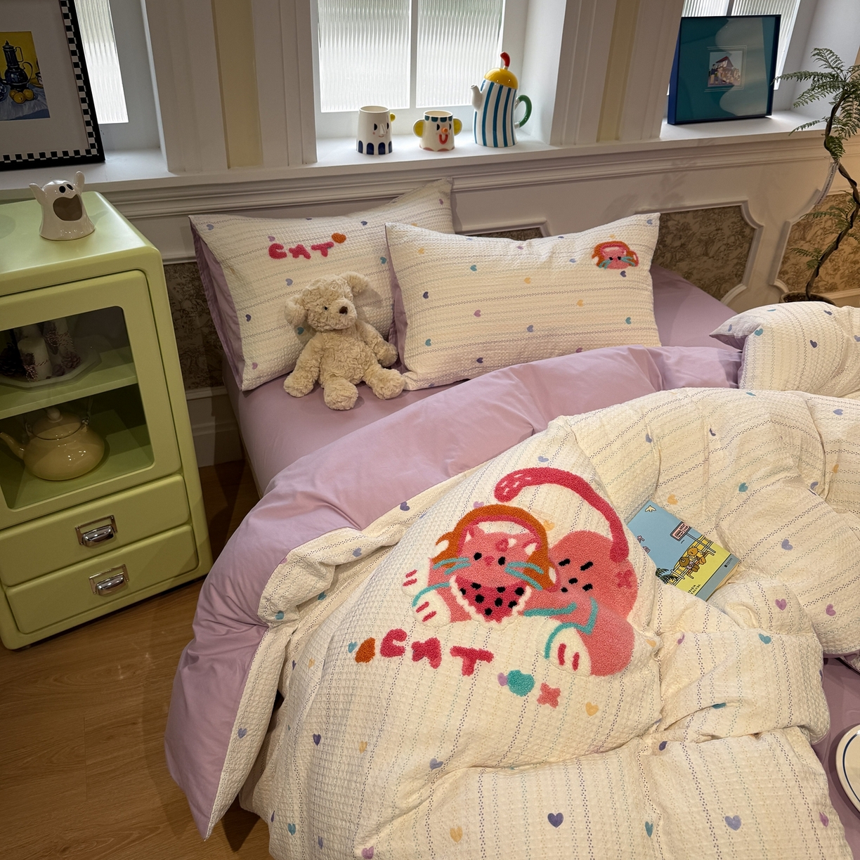 91家纺网 家纺一手货源 找家纺 珺柔家纺 2026新款卡通华夫格毛巾绣四件套 音乐小猫