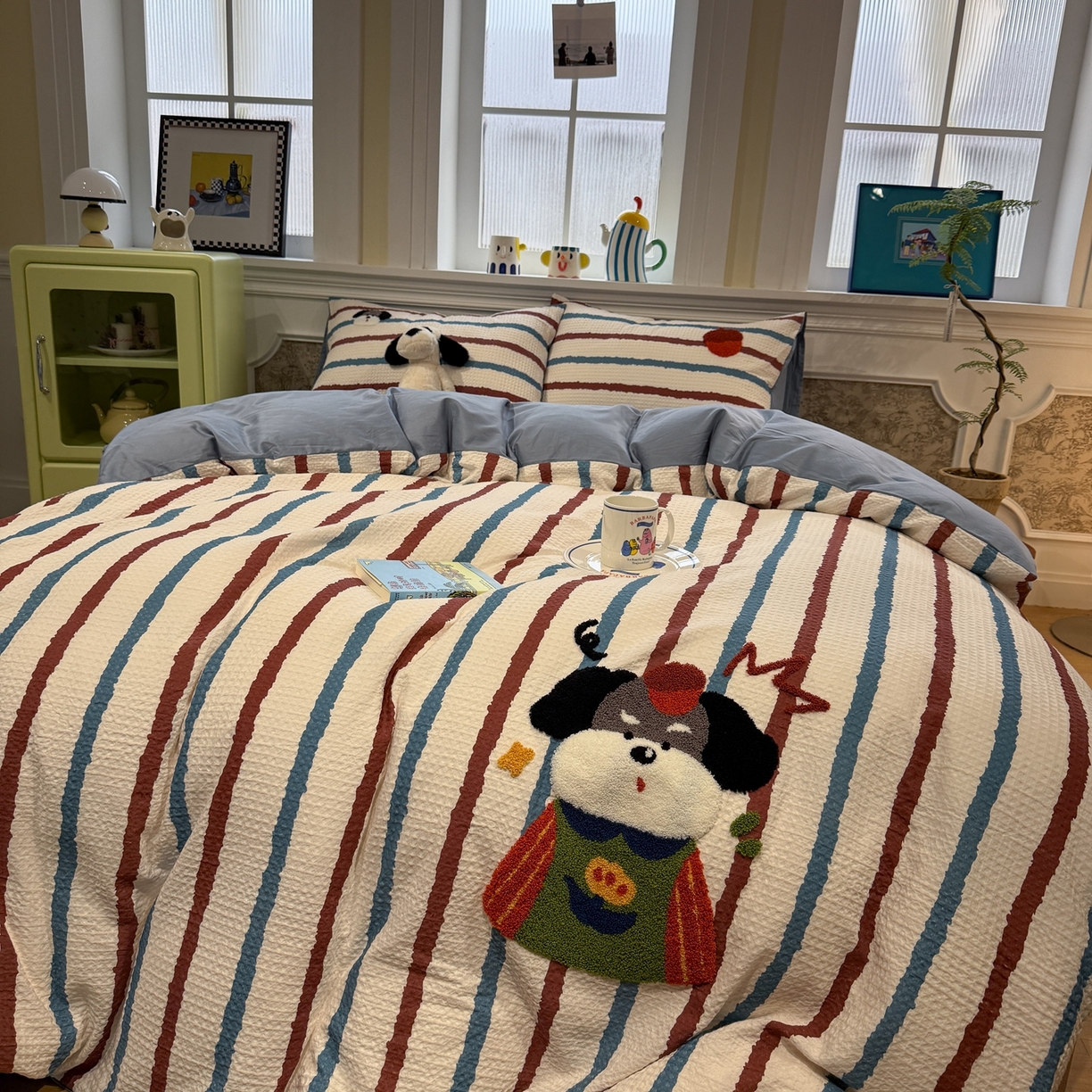 91家纺网 家纺一手货源 找家纺 珺柔家纺 2026新款卡通华夫格毛巾绣四件套 园丁小狗