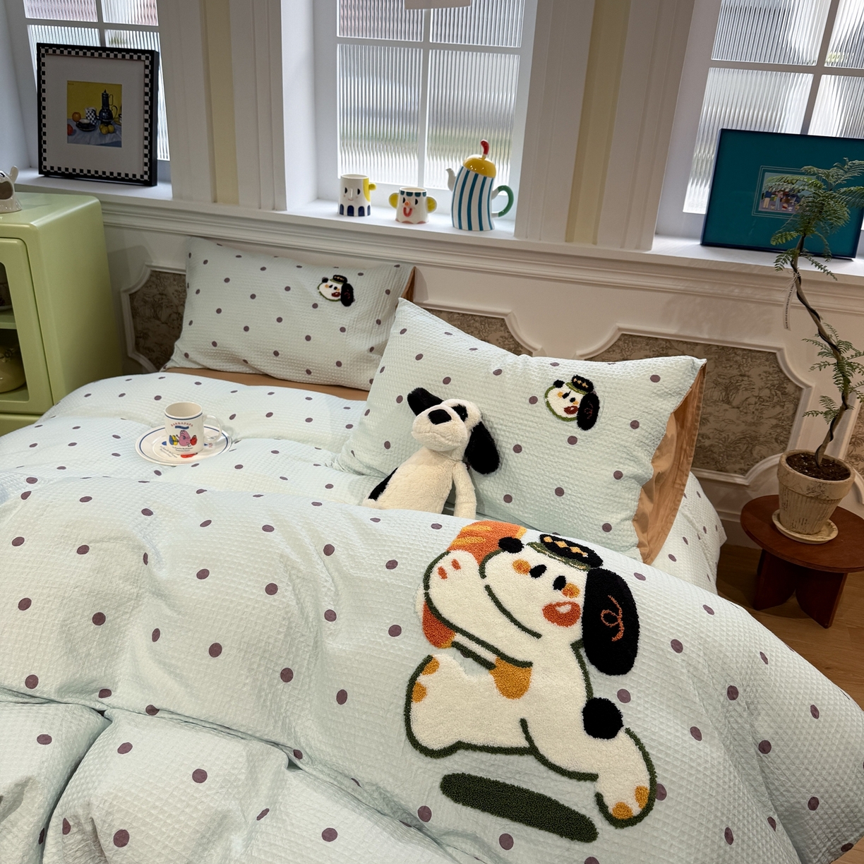 91家纺网 家纺一手货源 找家纺 珺柔家纺 2026新款卡通华夫格毛巾绣四件套 下午茶小狗