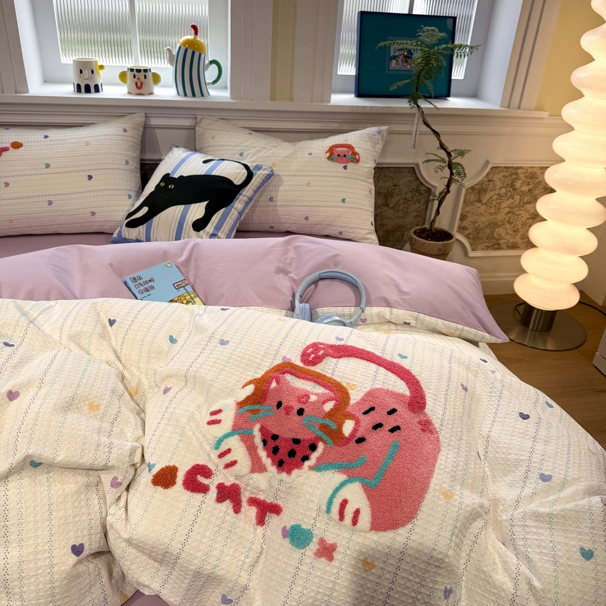 91家纺网 家纺一手货源 找家纺 珺柔家纺 2026新款卡通华夫格毛巾绣四件套 音乐小猫