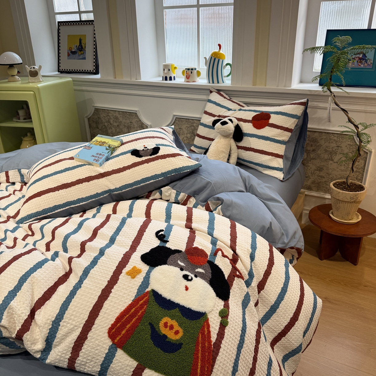 91家纺网 家纺一手货源 找家纺 珺柔家纺 2026新款卡通华夫格毛巾绣四件套 园丁小狗