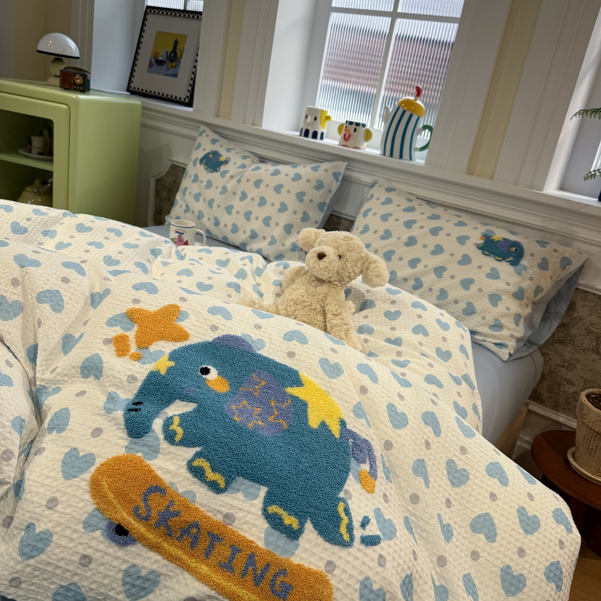 91家纺网 家纺一手货源 找家纺 珺柔家纺 2026新款卡通华夫格毛巾绣四件套 滑板小象