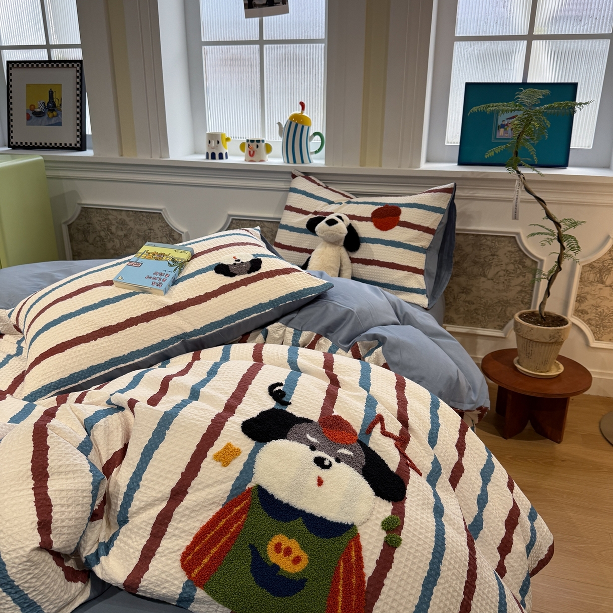 91家纺网 家纺一手货源 找家纺 珺柔家纺 2026新款卡通华夫格毛巾绣四件套 园丁小狗