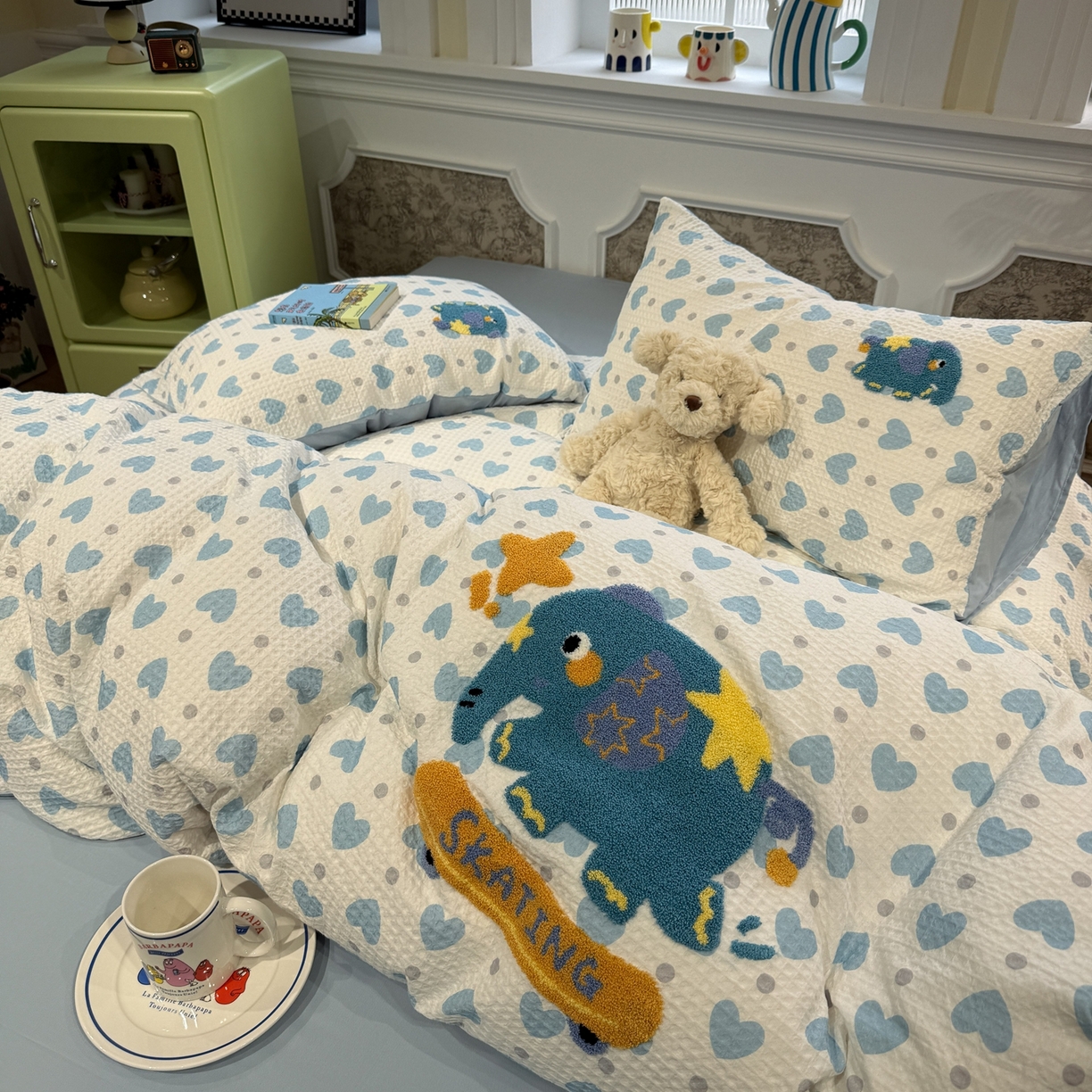 91家纺网 家纺一手货源 找家纺 珺柔家纺 2026新款卡通华夫格毛巾绣四件套 滑板小象