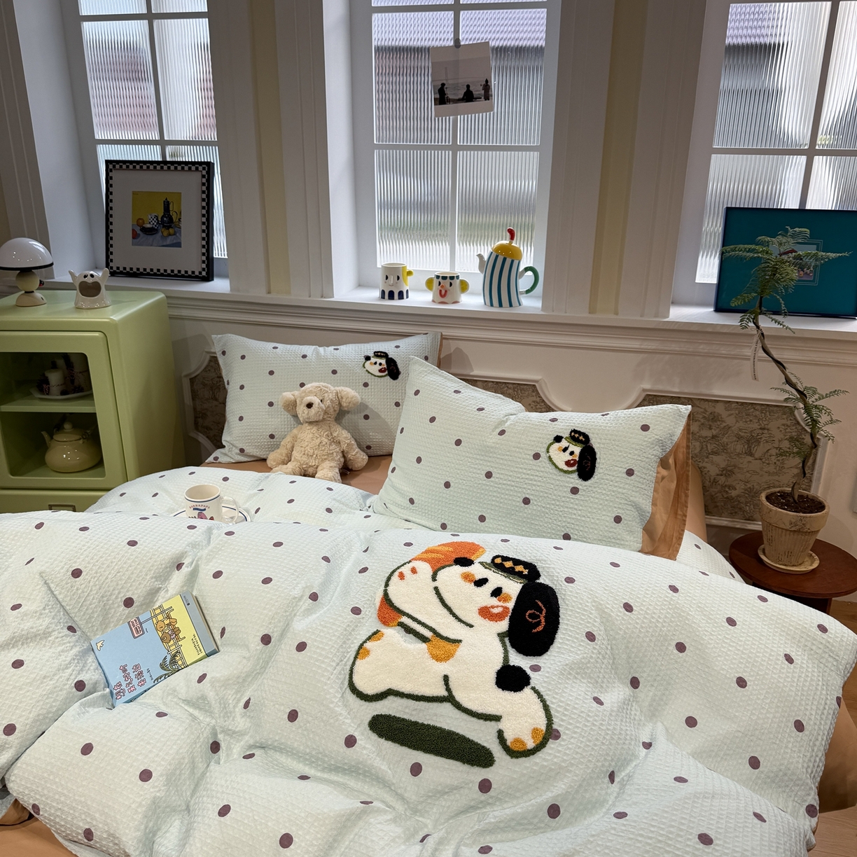 91家纺网 家纺一手货源 找家纺 珺柔家纺 2026新款卡通华夫格毛巾绣四件套 下午茶小狗