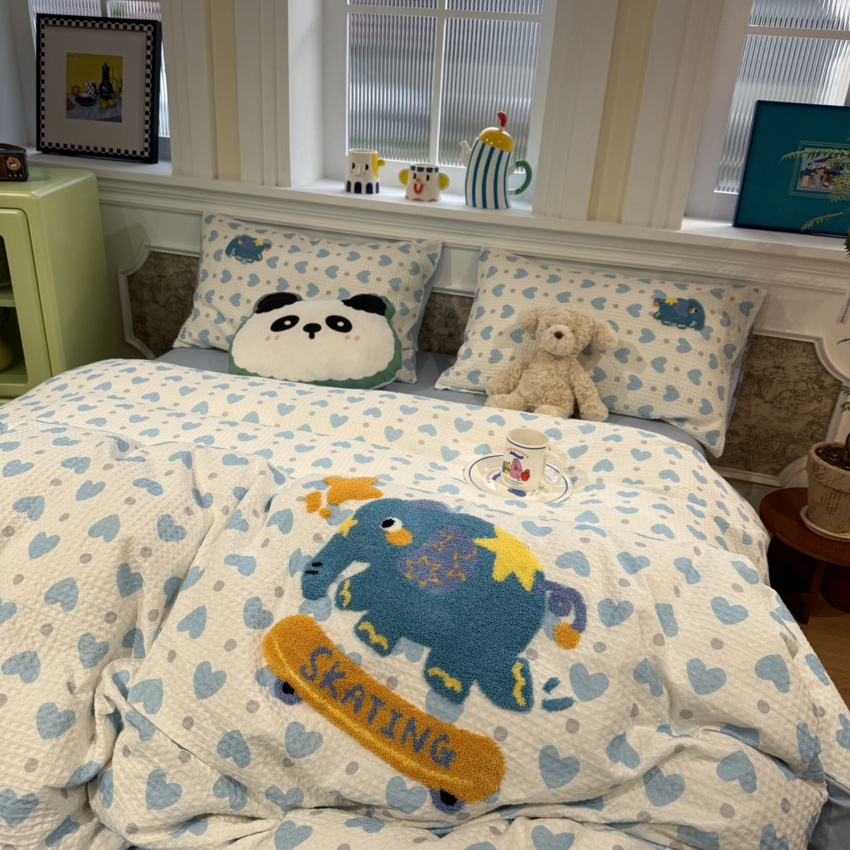 91家纺网 家纺一手货源 找家纺 珺柔家纺 2026新款卡通华夫格毛巾绣四件套 滑板小象