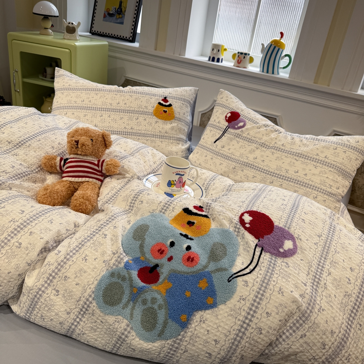 91家纺网 家纺一手货源 找家纺 珺柔家纺 2026新款卡通华夫格毛巾绣四件套 布丁象