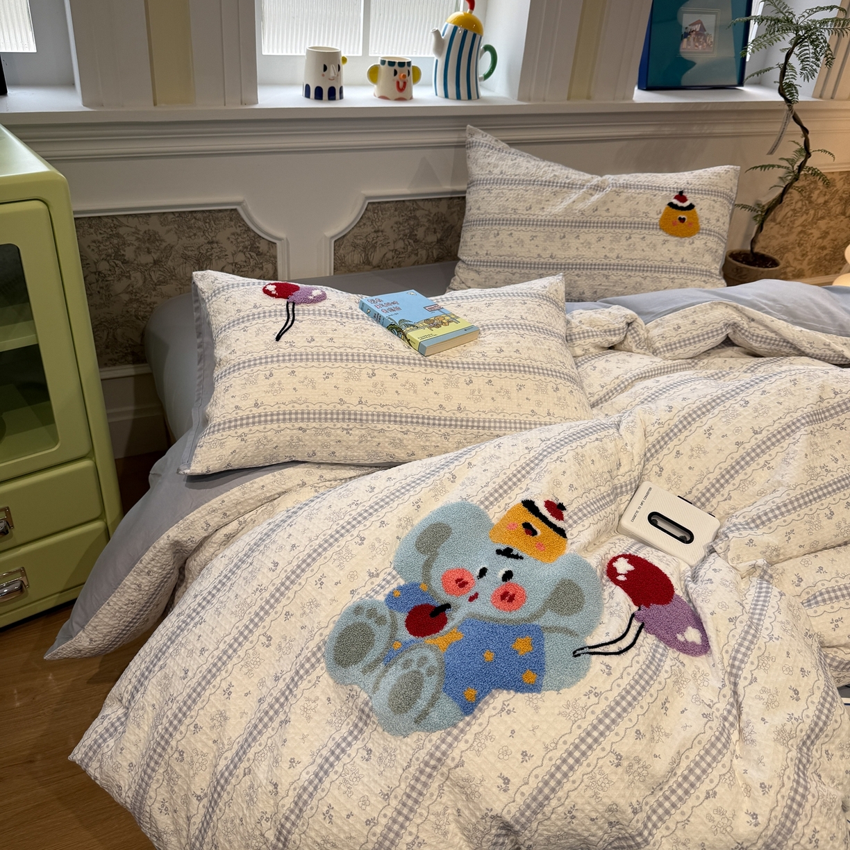 91家纺网 家纺一手货源 找家纺 珺柔家纺 2026新款卡通华夫格毛巾绣四件套 布丁象