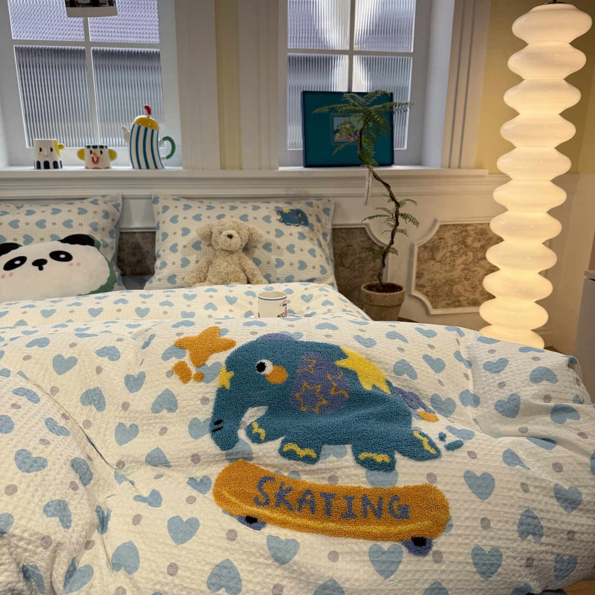 91家纺网 家纺一手货源 找家纺 珺柔家纺 2026新款卡通华夫格毛巾绣四件套 滑板小象