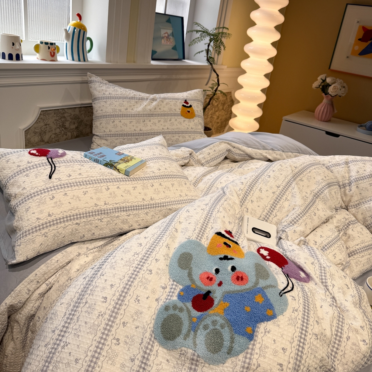 91家纺网 家纺一手货源 找家纺 珺柔家纺 2026新款卡通华夫格毛巾绣四件套 布丁象