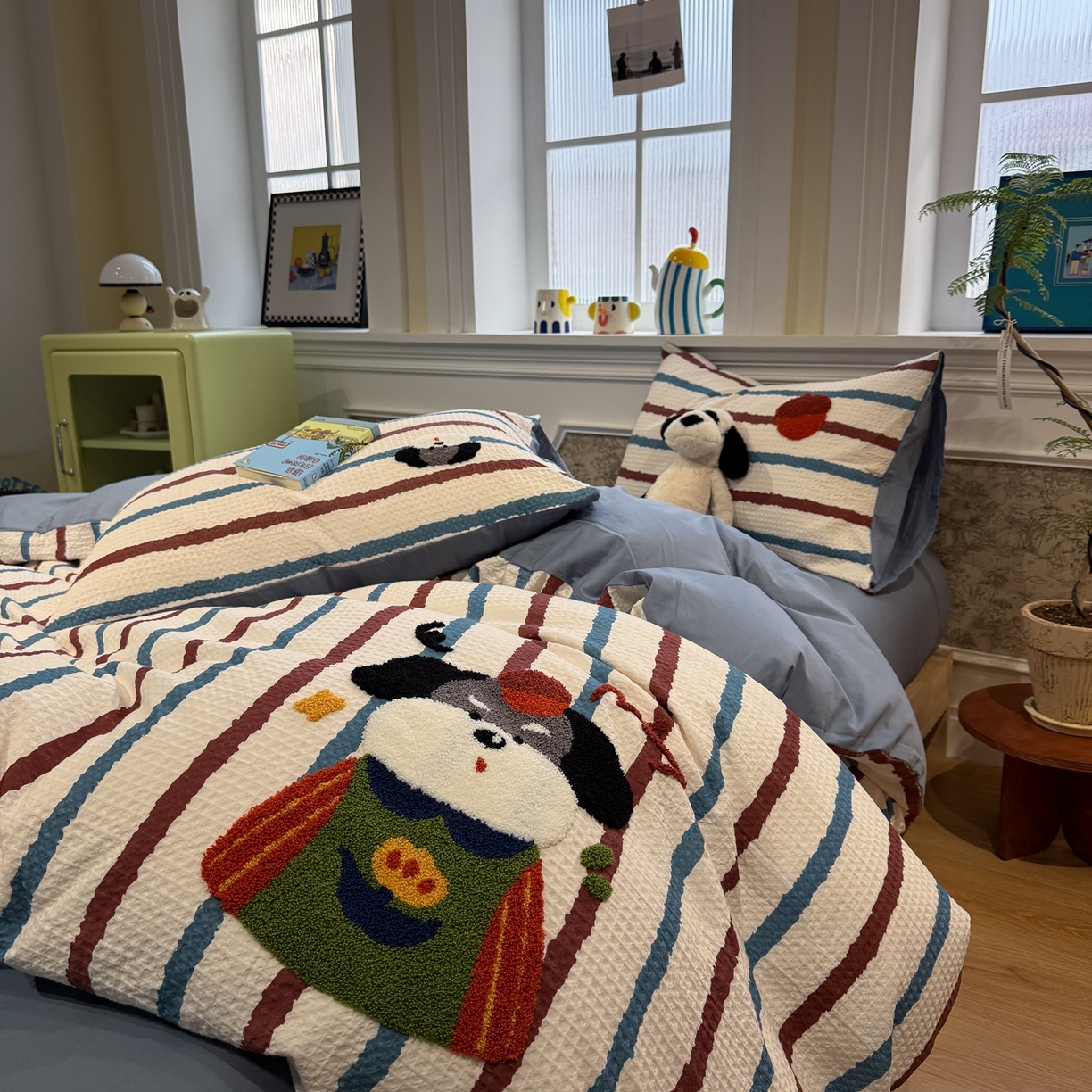 91家纺网 家纺一手货源 找家纺 珺柔家纺 2026新款卡通华夫格毛巾绣四件套 园丁小狗