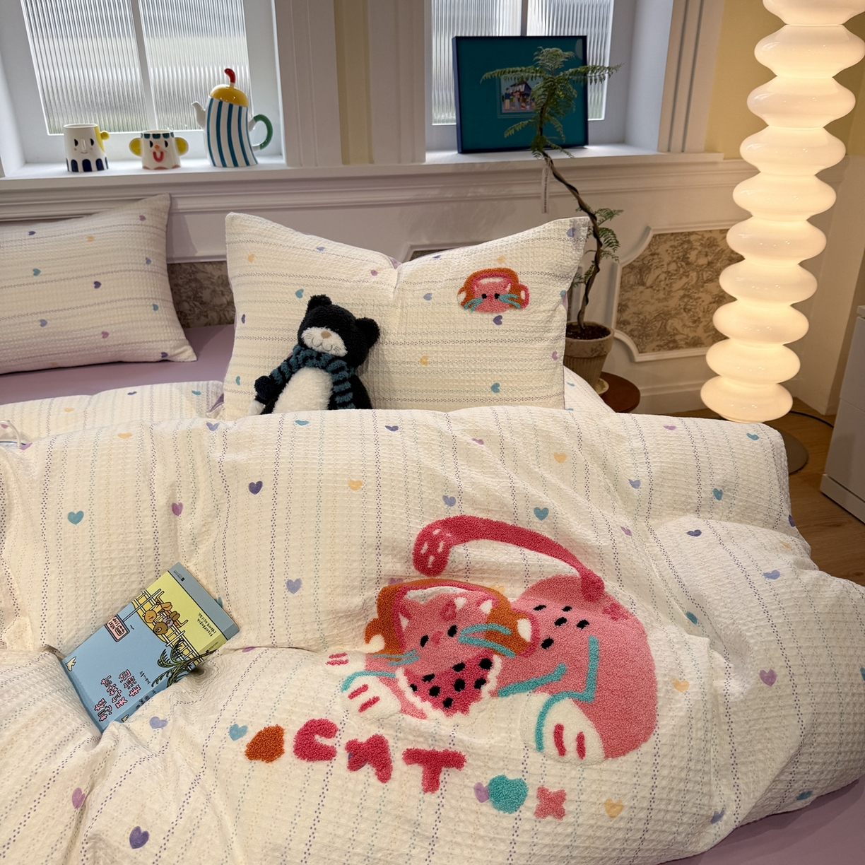 91家纺网 家纺一手货源 找家纺 珺柔家纺 2026新款卡通华夫格毛巾绣四件套 音乐小猫