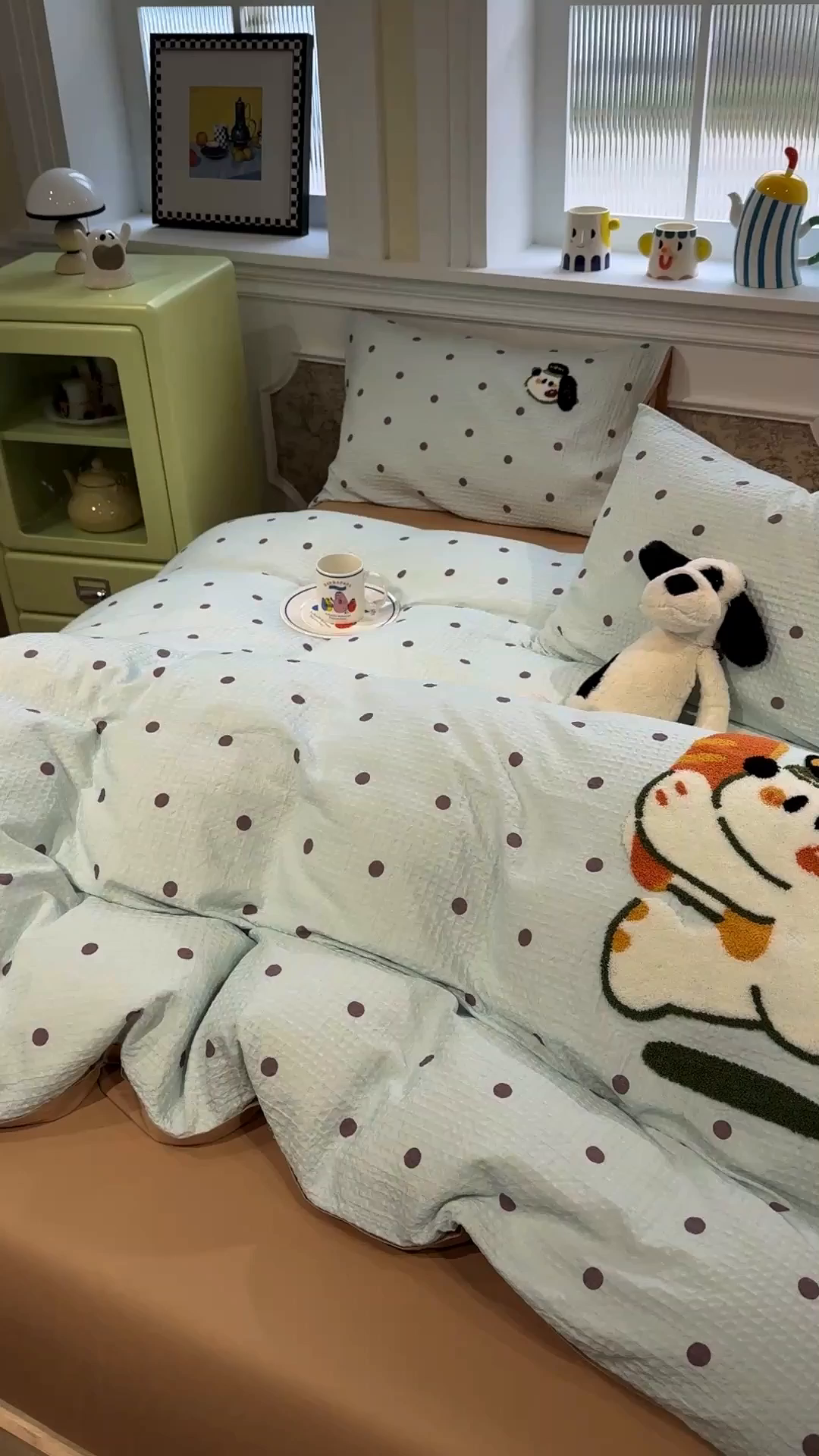 91家纺网 家纺一手货源 找家纺 珺柔家纺 2026新款卡通华夫格毛巾绣四件套 下午茶小狗