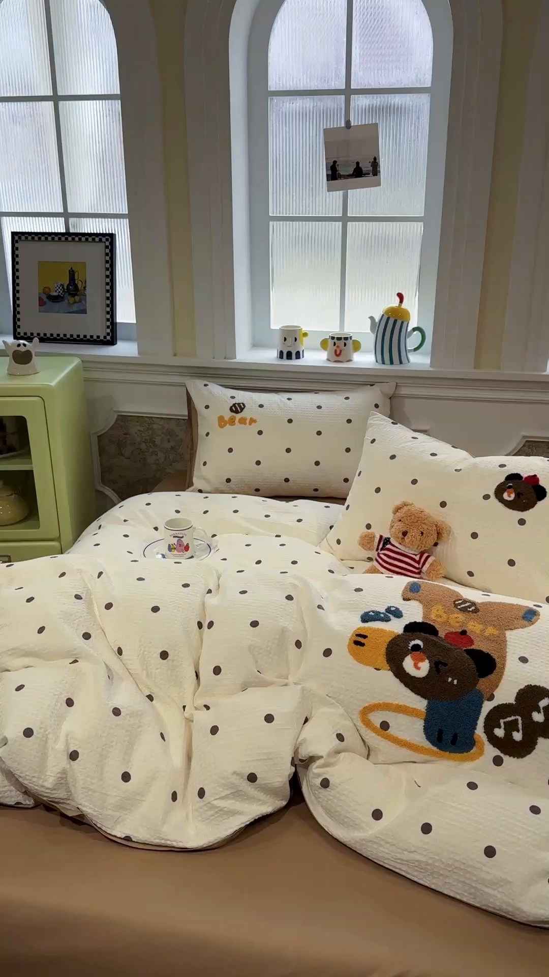 91家纺网 家纺一手货源 找家纺 珺柔家纺 2026新款卡通华夫格毛巾绣四件套 倒立小熊