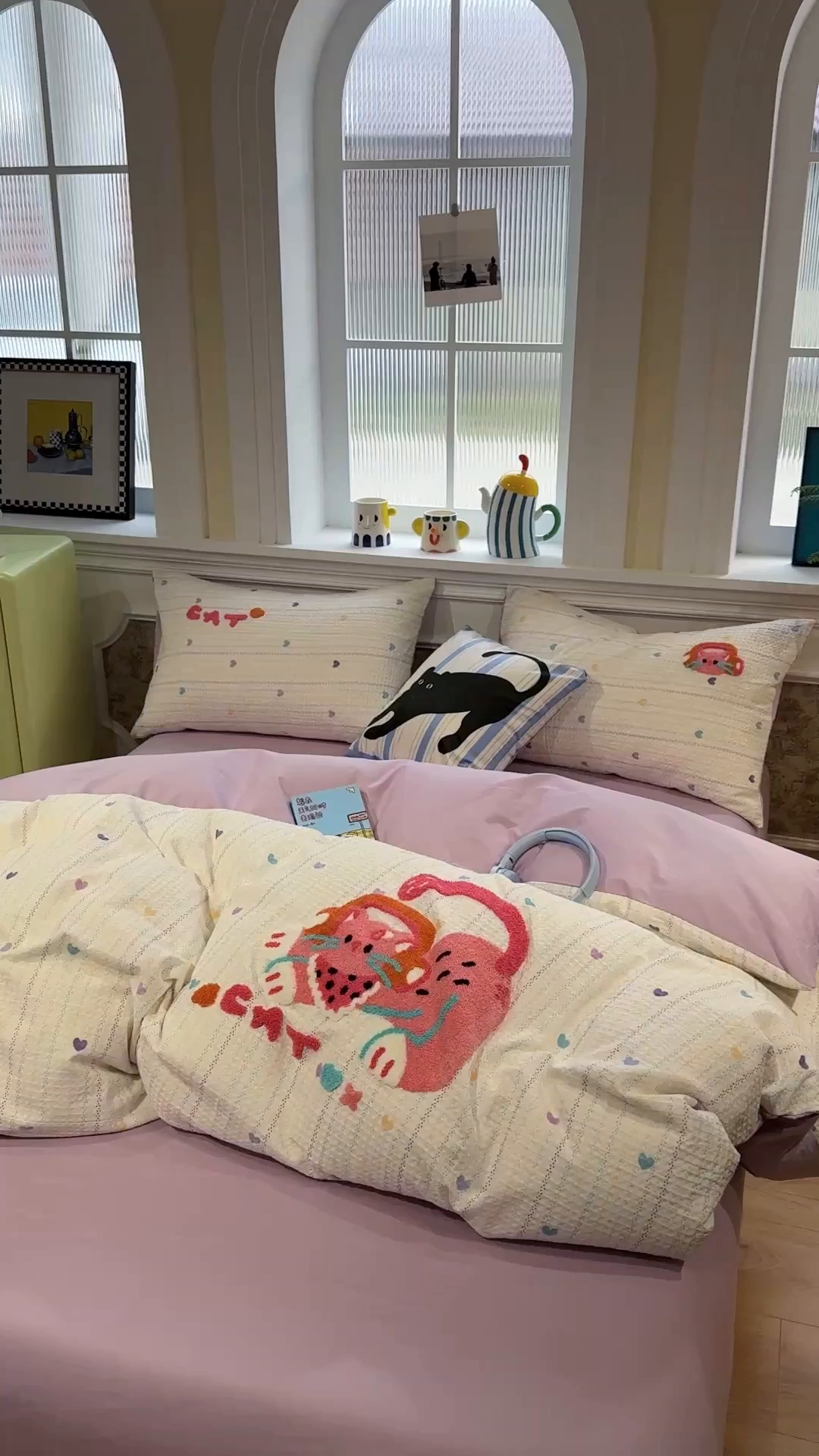 91家纺网 家纺一手货源 找家纺 珺柔家纺 2026新款卡通华夫格毛巾绣四件套 音乐小猫