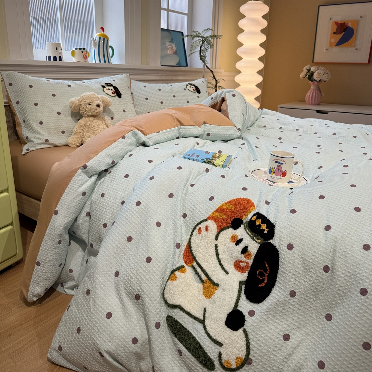 91家纺网 家纺一手货源 找家纺 珺柔家纺 2026新款卡通华夫格毛巾绣四件套 下午茶小狗