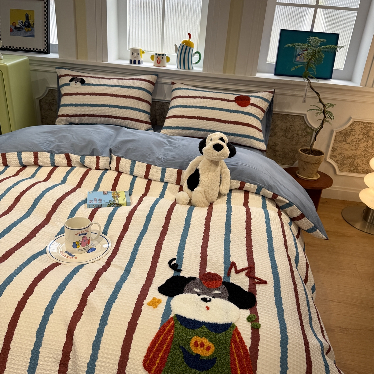 91家纺网 家纺一手货源 找家纺 珺柔家纺 2026新款卡通华夫格毛巾绣四件套 园丁小狗