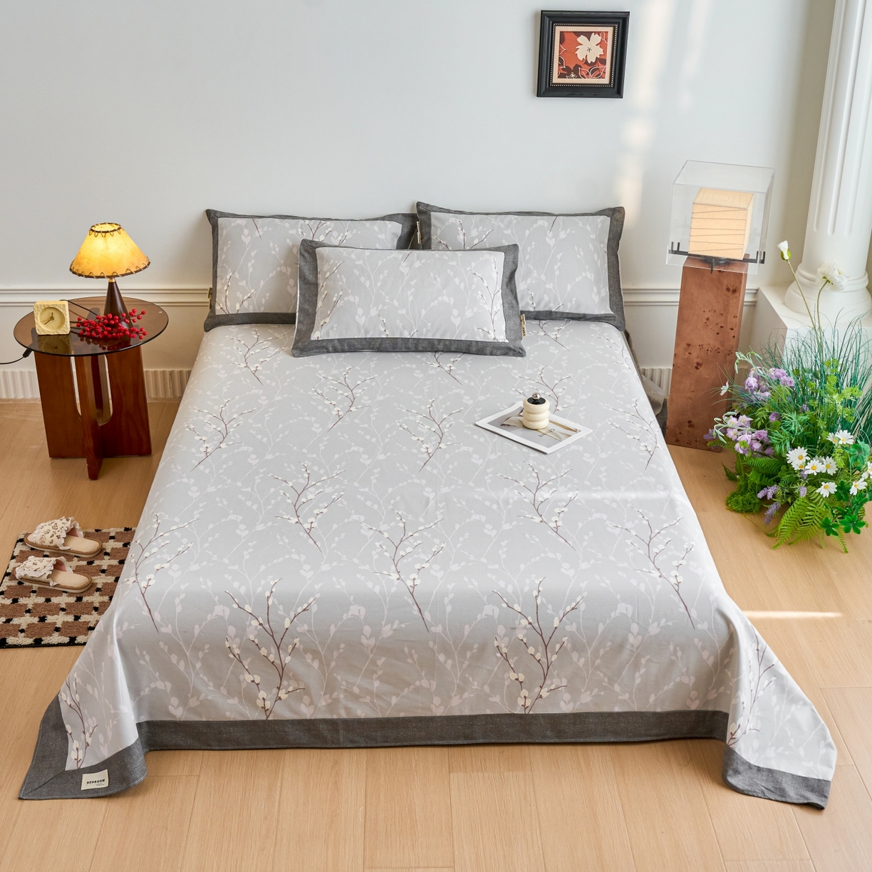 91家纺网 家纺一手货源 找家纺 春皖家纺 2026新款全棉老粗布工艺款单床单床单单件 枝丫