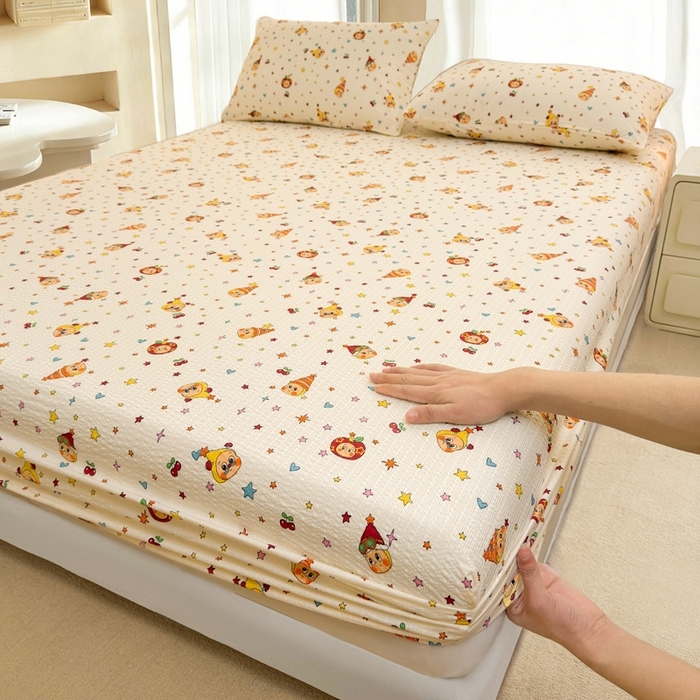 91家纺网 家纺一手货源 找家纺 （总）彩亿家纺 2026新款泡芙纱印花款床笠三件套云感泡芙双层纱套件单件床笠