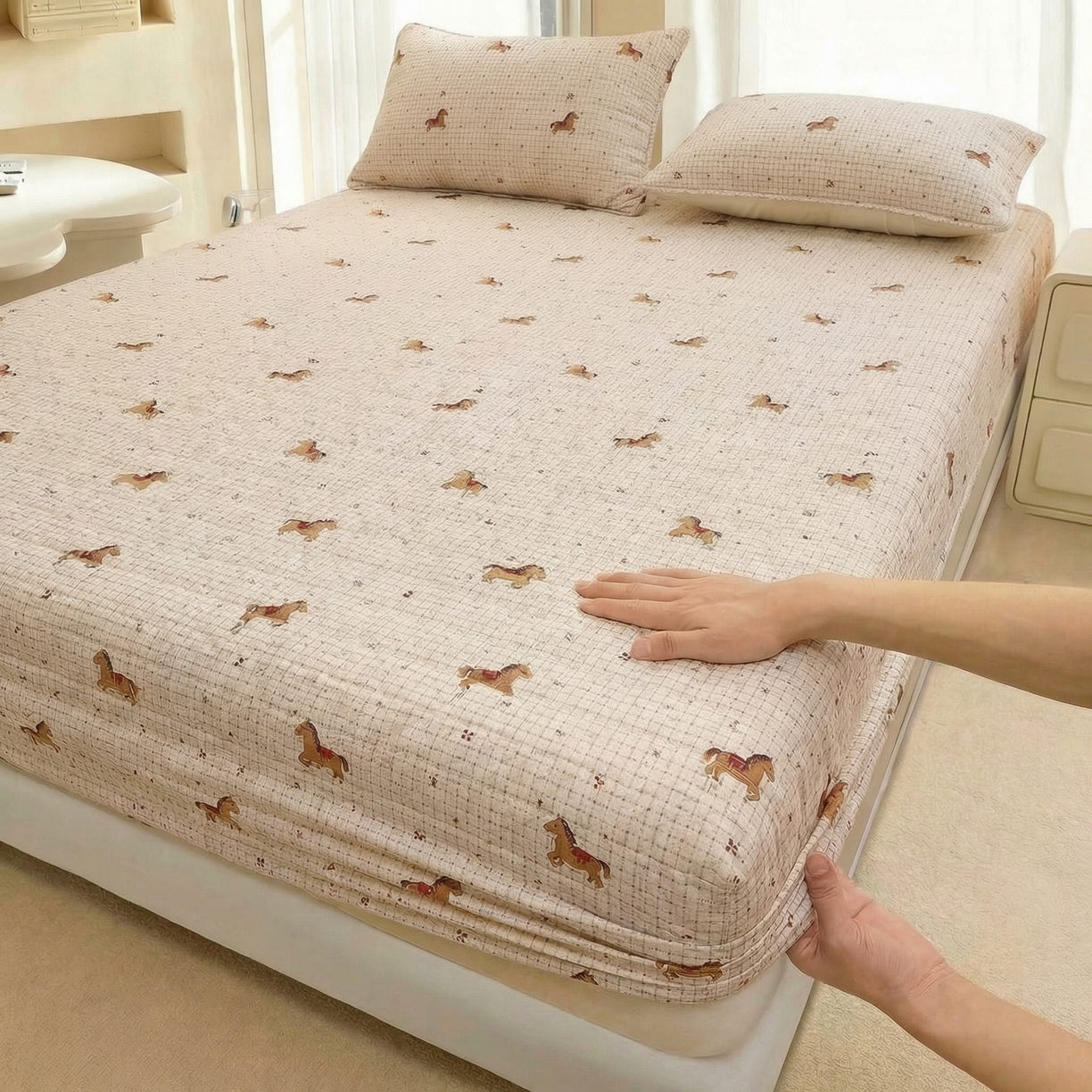 91家纺网 家纺一手货源 找家纺 （总）彩亿家纺 2026新款泡芙纱印花款床笠三件套云感泡芙双层纱套件单件床笠