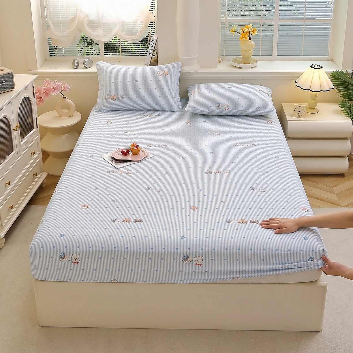 91家纺网 家纺一手货源 找家纺 （总）彩亿家纺 2026新款泡芙纱印花款床笠三件套云感泡芙双层纱套件单件床笠