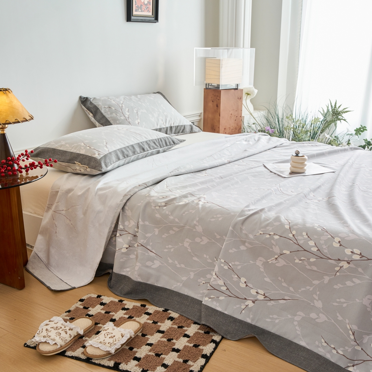 91家纺网 家纺一手货源 找家纺 春皖家纺 2026新款全棉老粗布工艺款单床单床单单件 枝丫