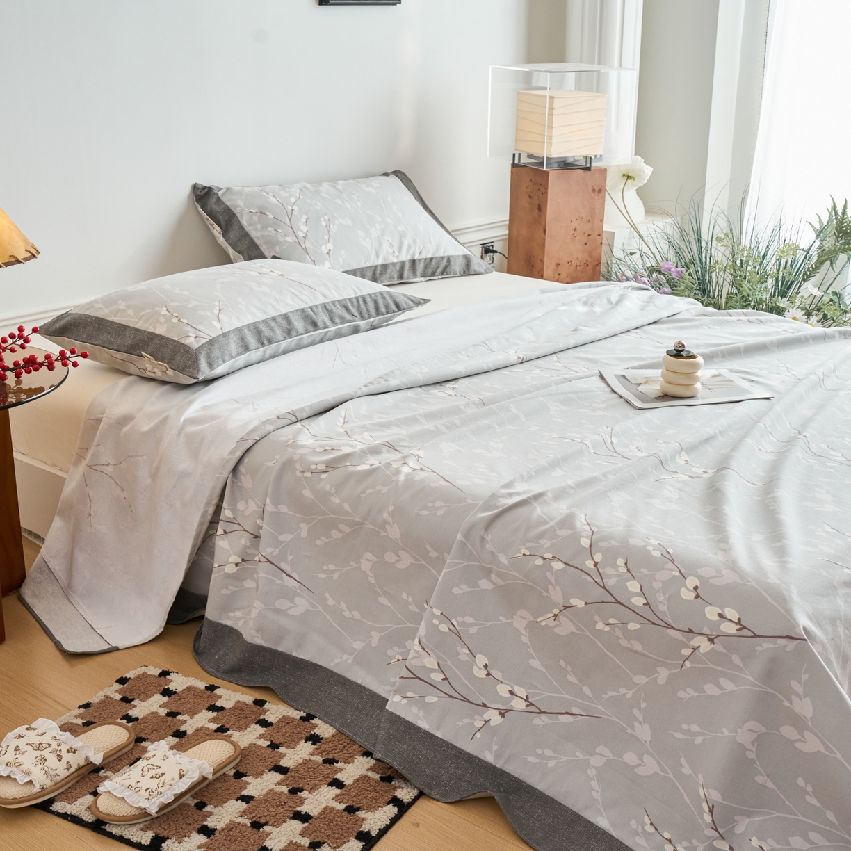 91家纺网 家纺一手货源 找家纺 春皖家纺 2026新款全棉老粗布工艺款单床单床单单件 枝丫