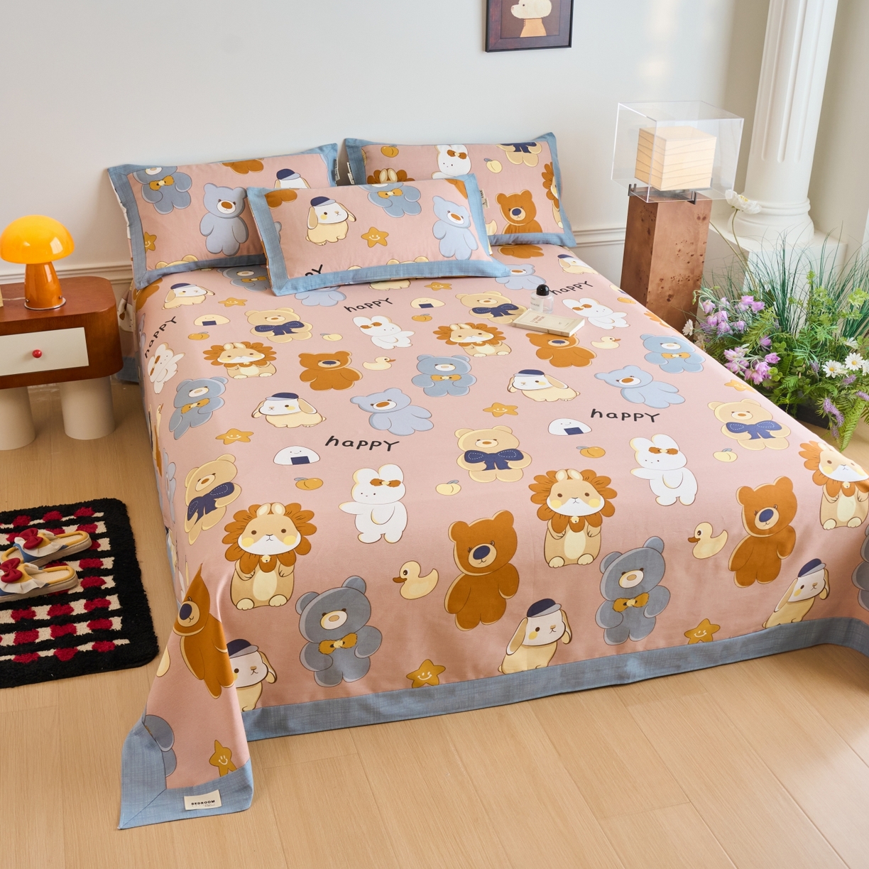 91家纺网 家纺一手货源 找家纺 春皖家纺 2026新款全棉老粗布工艺款单床单床单单件 快乐熊