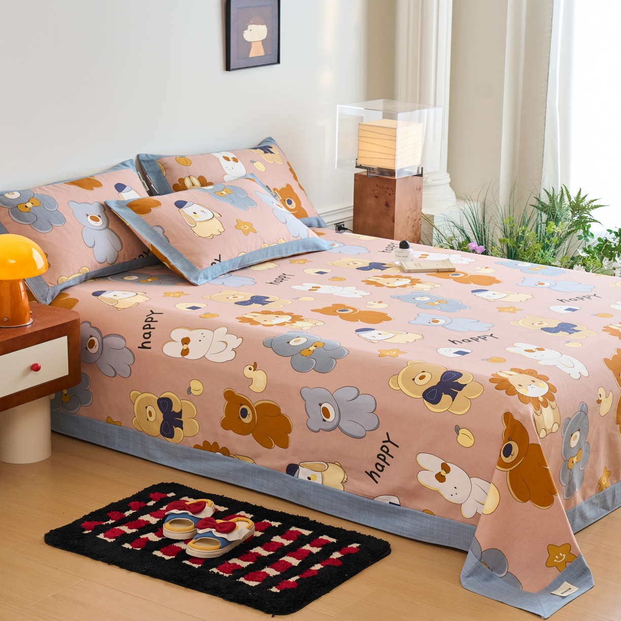 91家纺网 家纺一手货源 找家纺 春皖家纺 2026新款全棉老粗布工艺款单床单床单单件 快乐熊