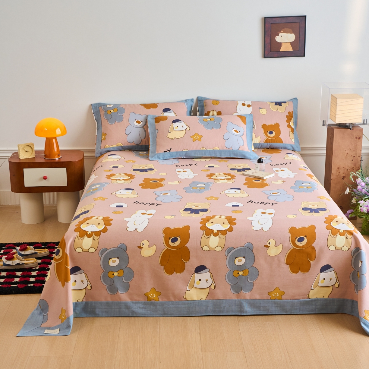 91家纺网 家纺一手货源 找家纺 春皖家纺 2026新款全棉老粗布工艺款单床单床单单件 快乐熊