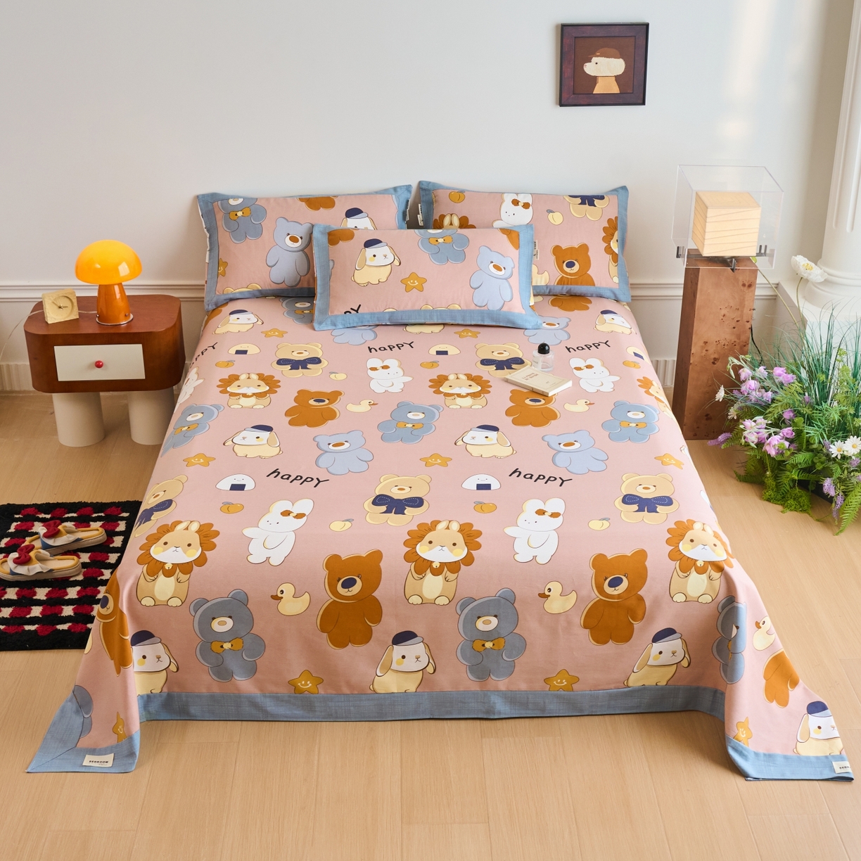 春皖家纺 2026新款全棉老粗布工艺款单床单床单单件 快乐熊