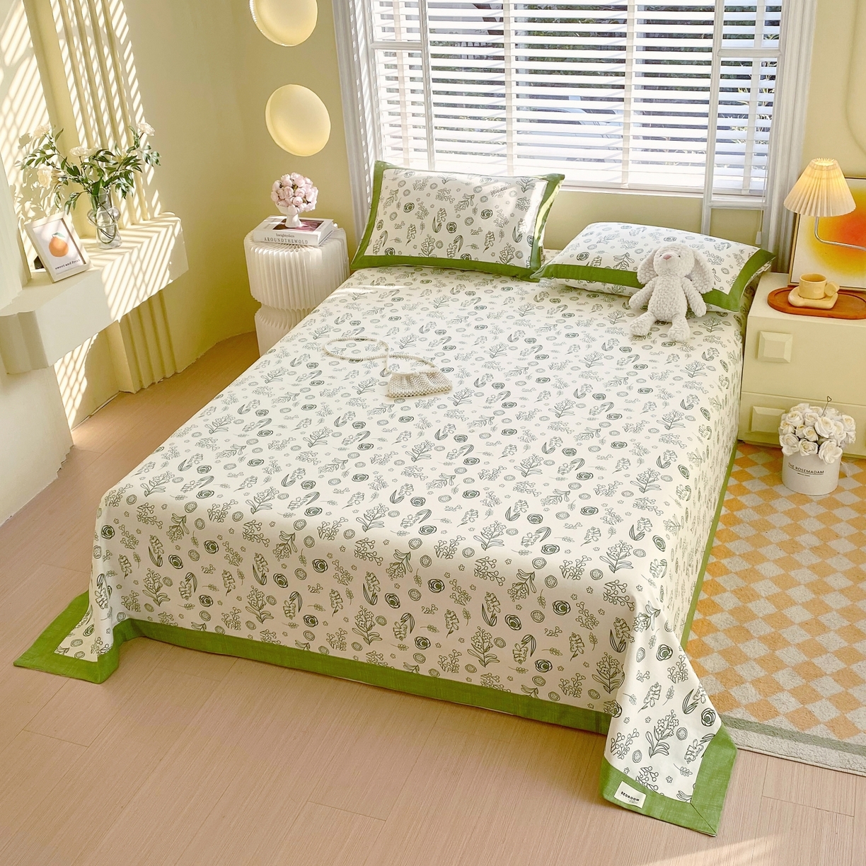 91家纺网 家纺一手货源 找家纺 春皖家纺 2026新款全棉老粗布工艺款单床单床单单件 浅韵-绿