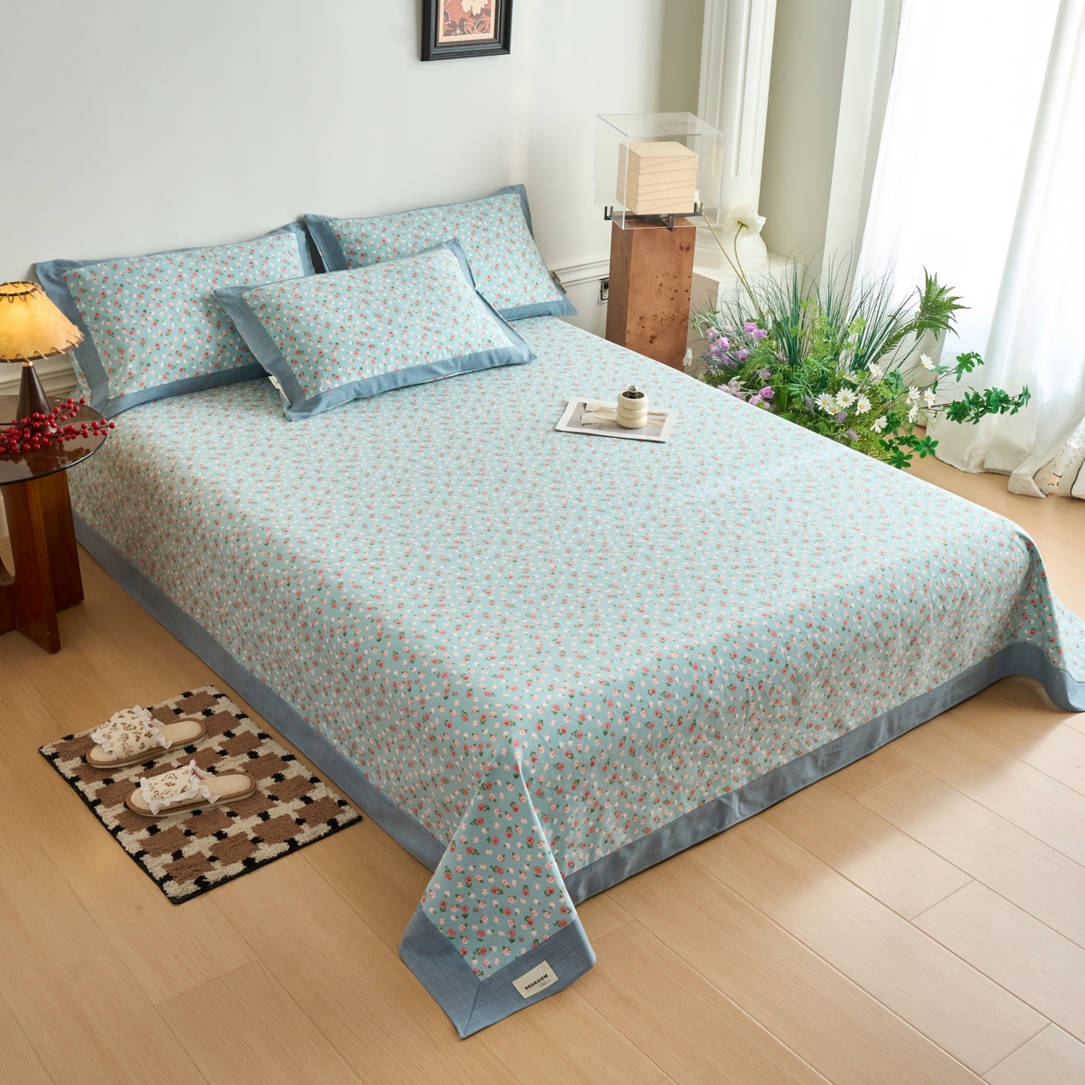 91家纺网 家纺一手货源 找家纺 春皖家纺 2026新款全棉老粗布工艺款单床单床单单件 春意浓