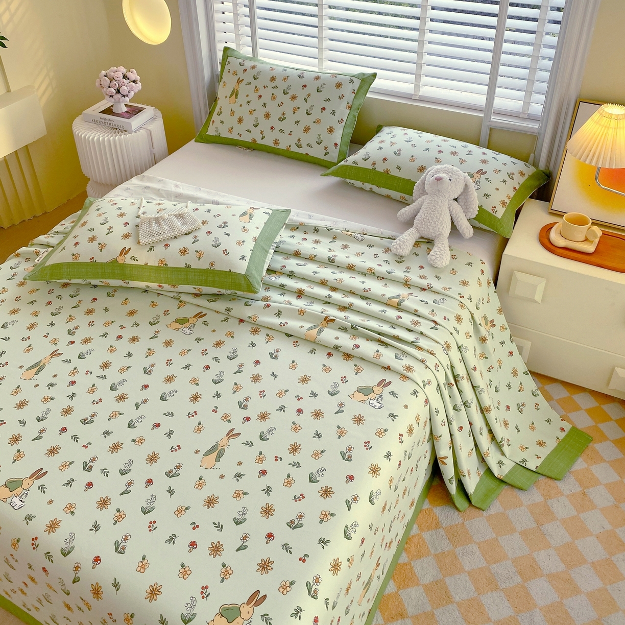 91家纺网 家纺一手货源 找家纺 春皖家纺 2026新款全棉老粗布工艺款单床单床单单件 兔开心