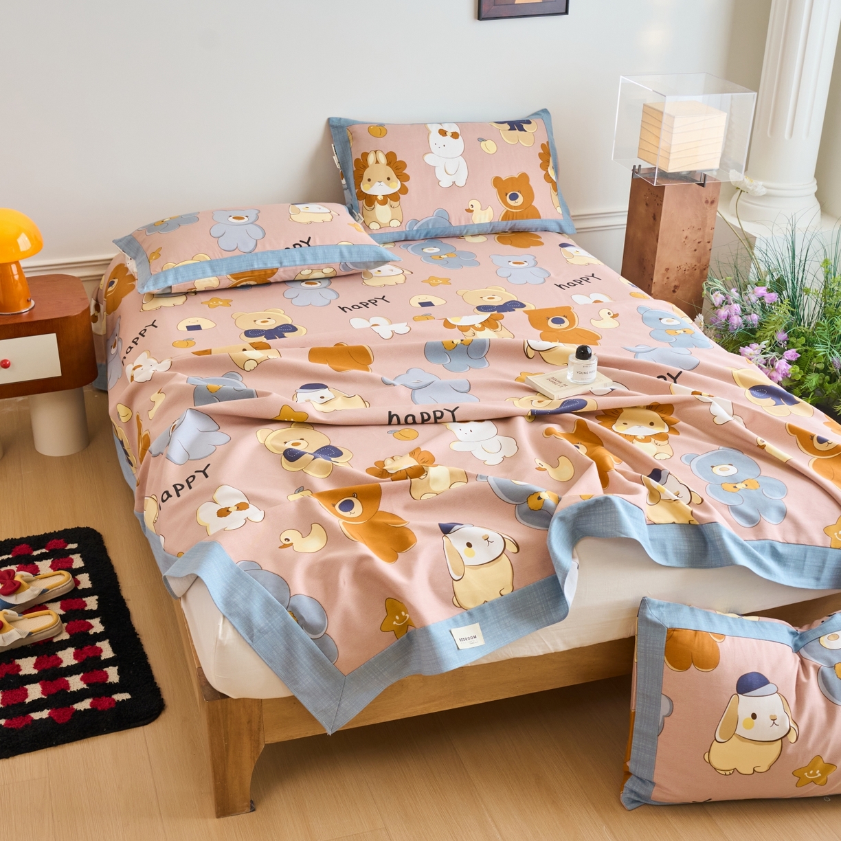 91家纺网 家纺一手货源 找家纺 春皖家纺 2026新款全棉老粗布工艺款单床单床单单件 快乐熊