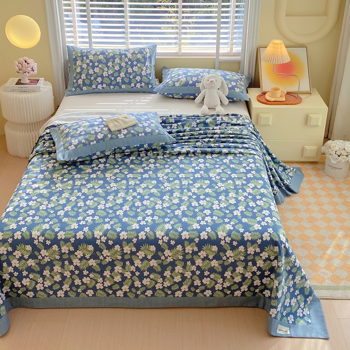 91家纺网 家纺一手货源 找家纺 春皖家纺 2026新款全棉老粗布工艺款单床单床单单件 沁香蓝