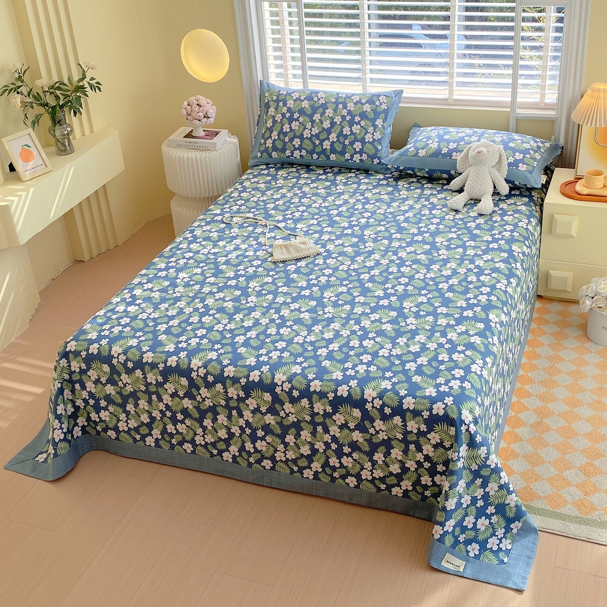 91家纺网 家纺一手货源 找家纺 春皖家纺 2026新款全棉老粗布工艺款单床单床单单件 沁香蓝