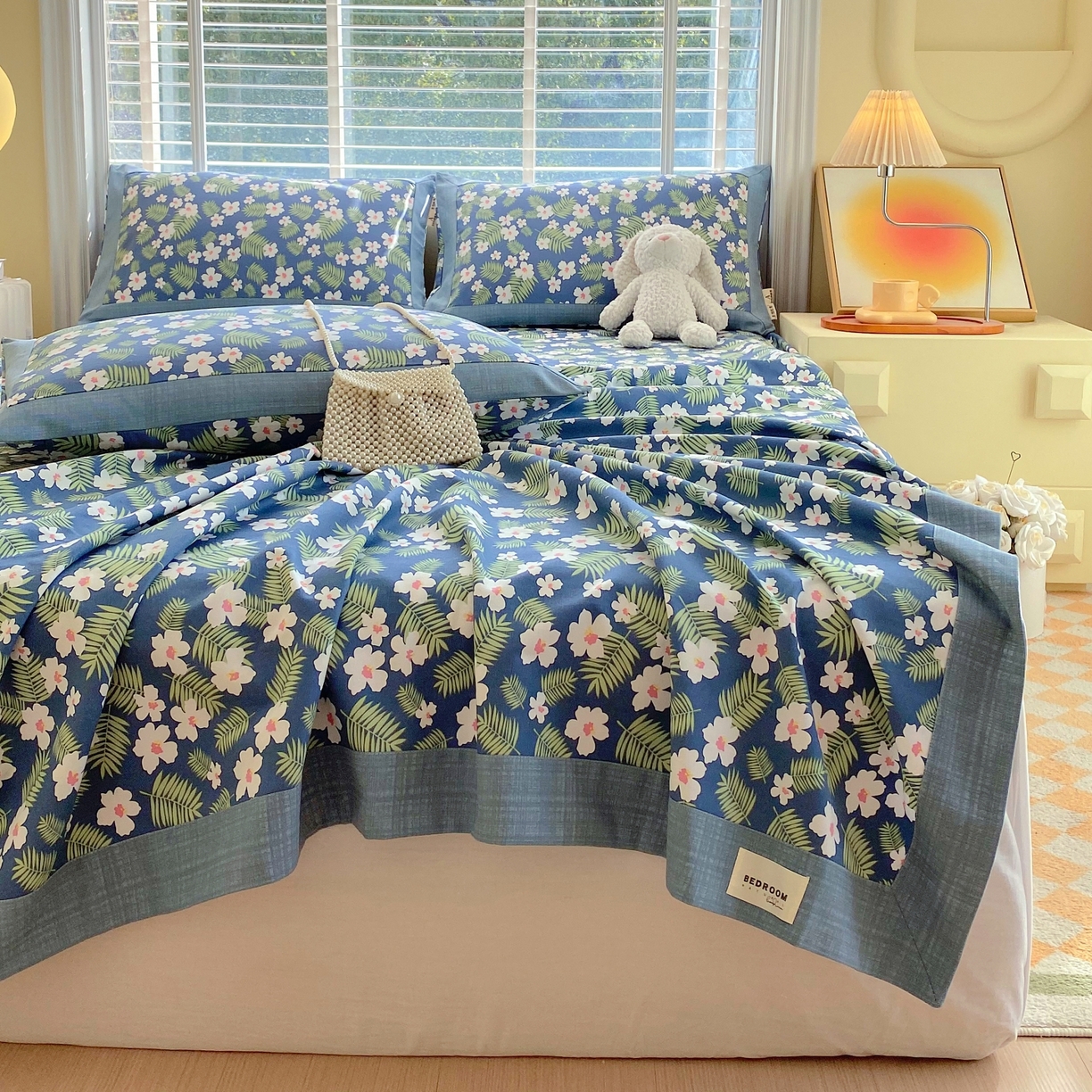 91家纺网 家纺一手货源 找家纺 春皖家纺 2026新款全棉老粗布工艺款单床单床单单件 沁香蓝