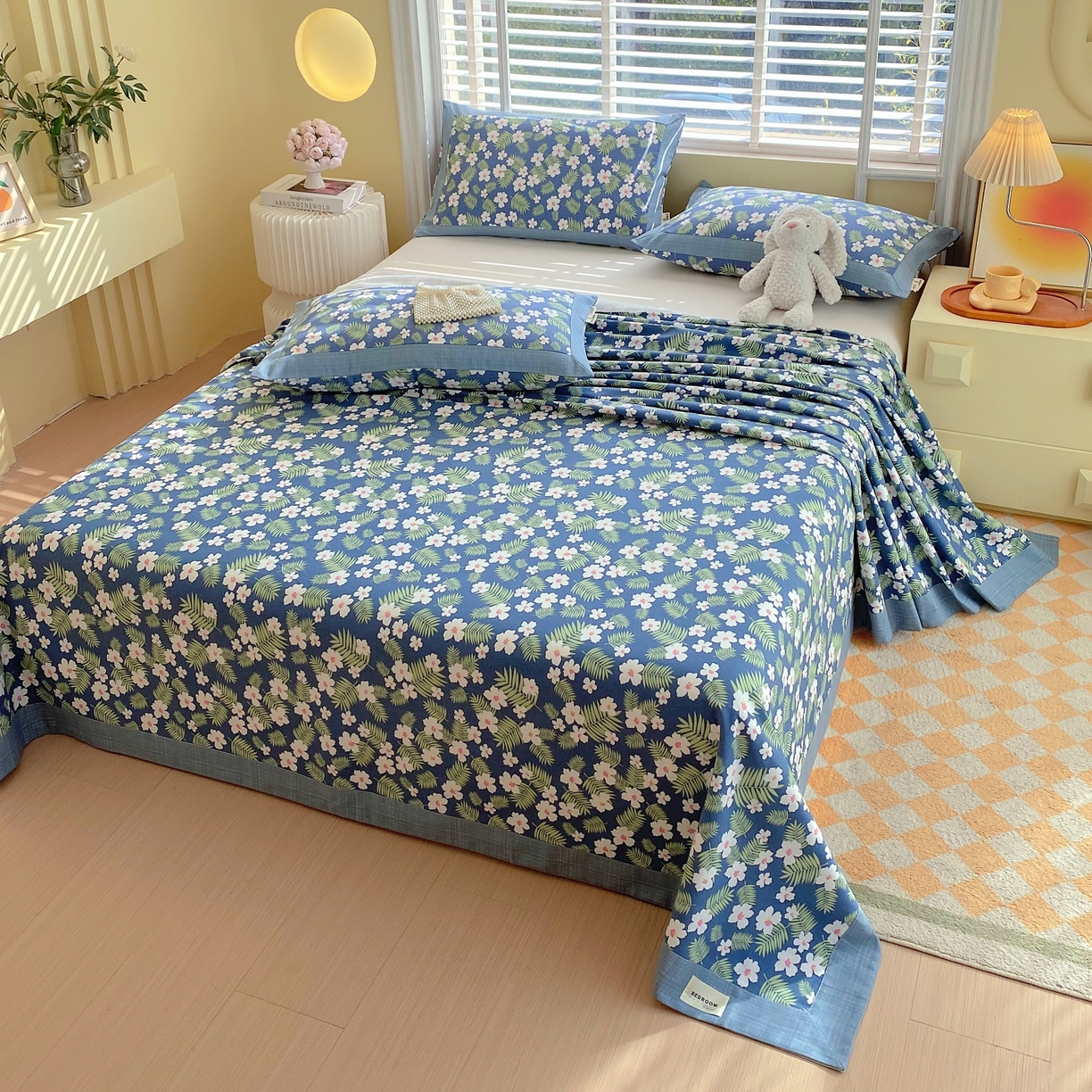 91家纺网 家纺一手货源 找家纺 春皖家纺 2026新款全棉老粗布工艺款单床单床单单件 沁香蓝