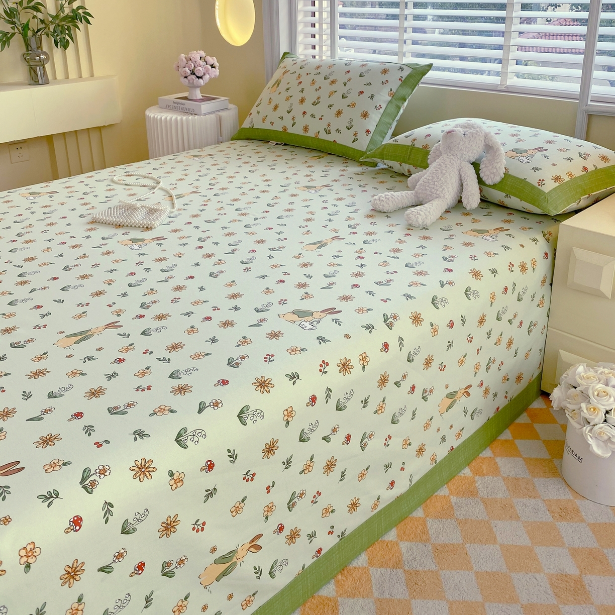 91家纺网 家纺一手货源 找家纺 春皖家纺 2026新款全棉老粗布工艺款单床单床单单件 兔开心