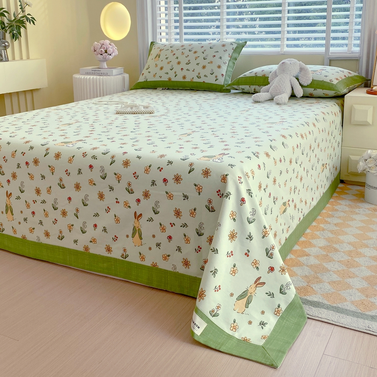 91家纺网 家纺一手货源 找家纺 春皖家纺 2026新款全棉老粗布工艺款单床单床单单件 兔开心