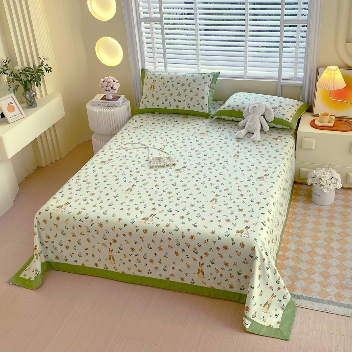 91家纺网 家纺一手货源 找家纺 春皖家纺 2026新款全棉老粗布工艺款单床单床单单件 兔开心