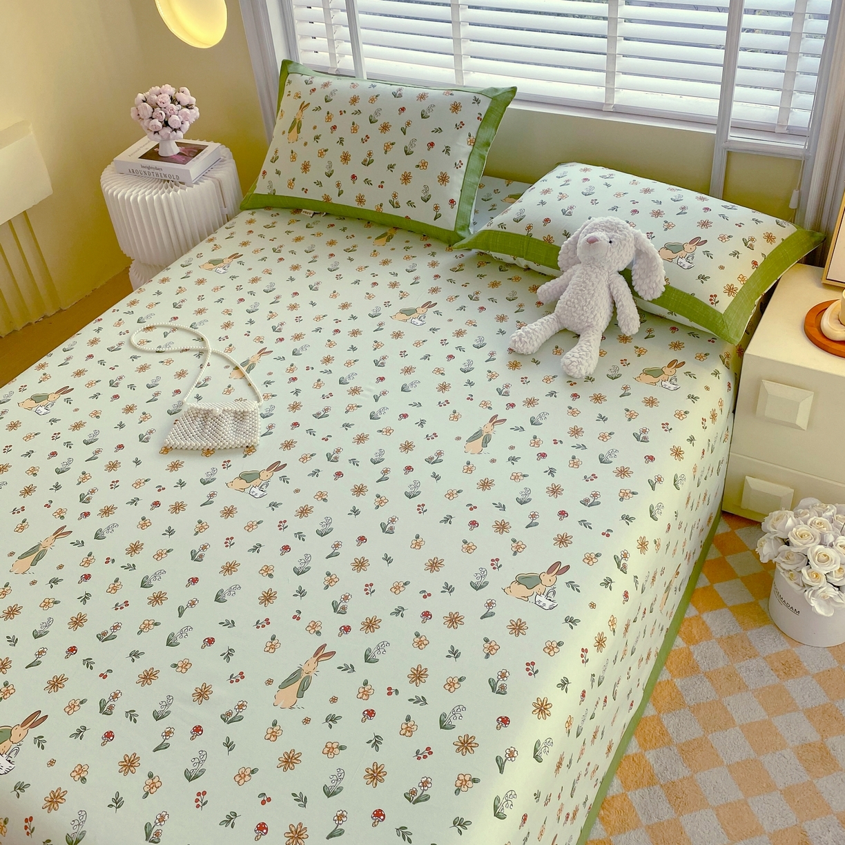 91家纺网 家纺一手货源 找家纺 春皖家纺 2026新款全棉老粗布工艺款单床单床单单件 兔开心