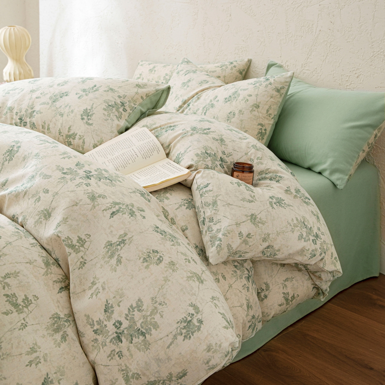 91家纺网 家纺一手货源 找家纺 其奥 2026新款全棉棉麻四件套 绿枝盈盈