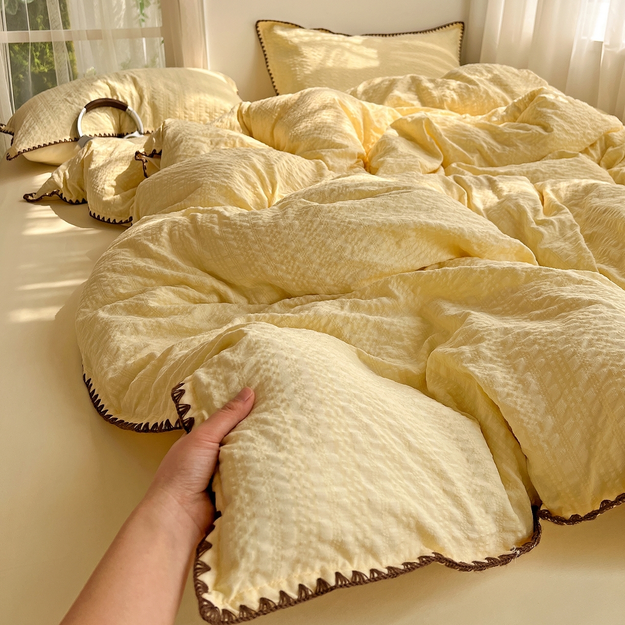 （总）一比一家纺 2026新款泡泡纱三角针四件套--纯色系列