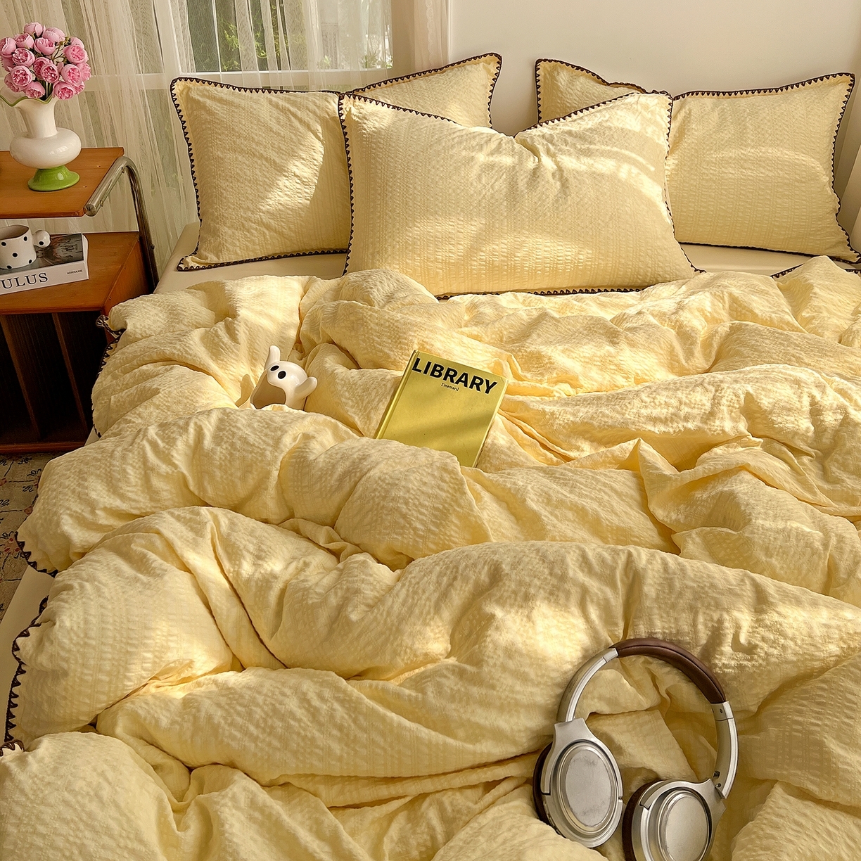 91家纺网 家纺一手货源 找家纺 （总）一比一家纺 2026新款泡泡纱三角针四件套--纯色系列