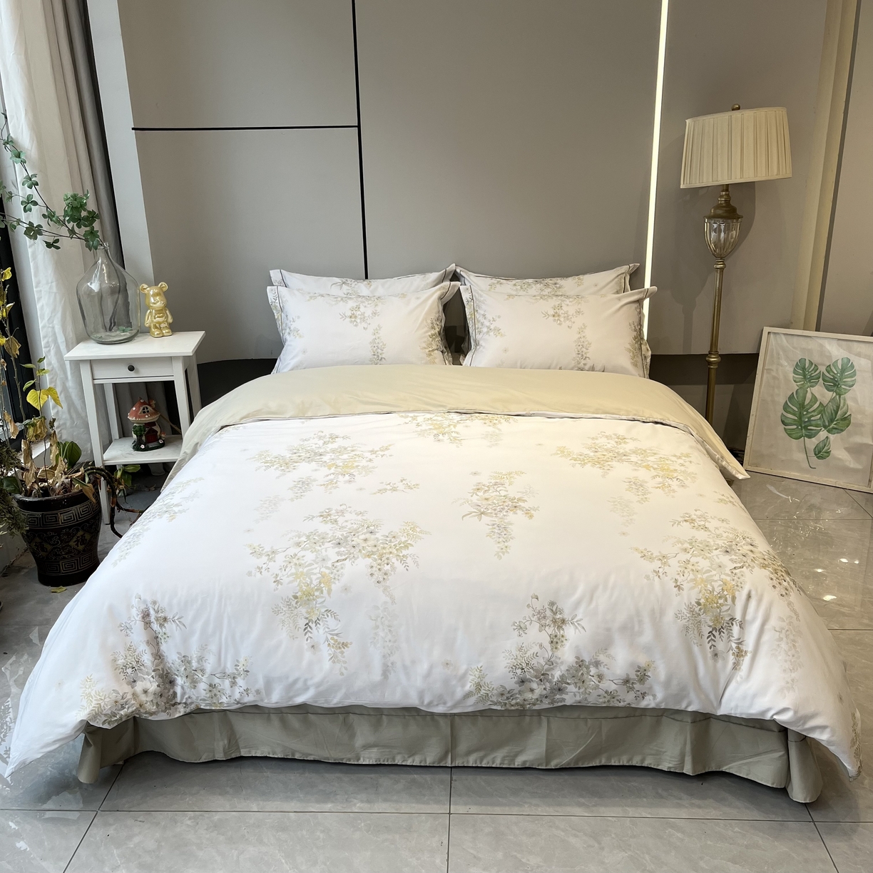 薏思家纺 2026春夏新款全棉纯棉铂金棉数码印花四件套 浅枝漫